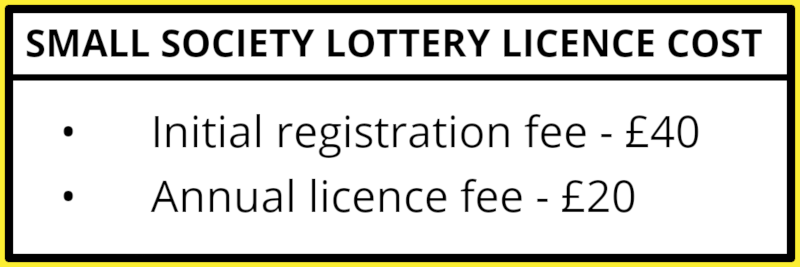 Small society lottery licence cost: Initial registration, £40; Annual licence fee, £20.