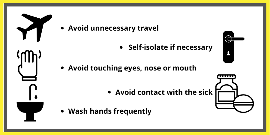 Prevention for coronavirus can be achieved by: Avoiding unnecessary travel, self-isolate if necessary, avoid touching eyes, nose or mouth, avoid contact with the sick & wash hands frequently.